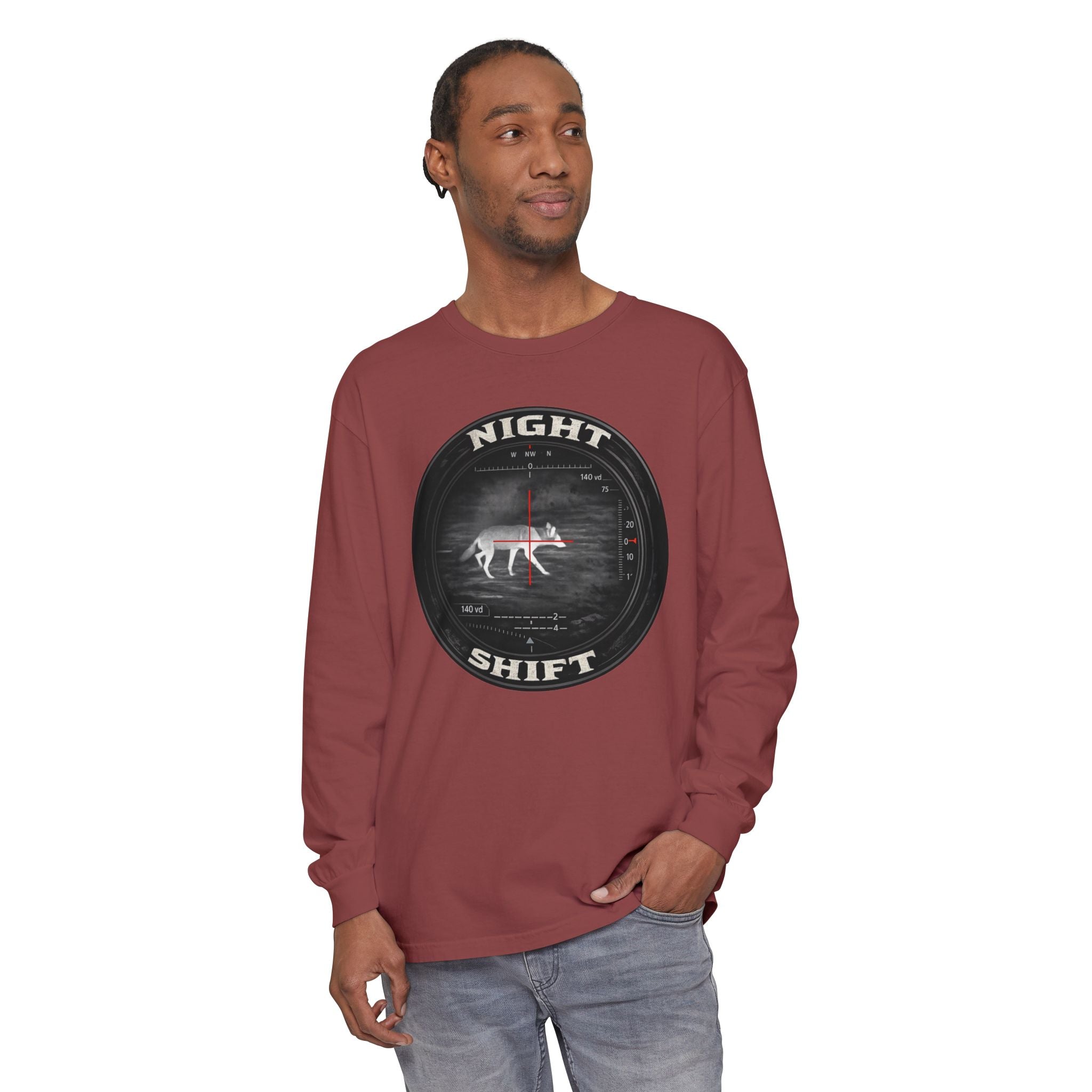 Night Shift Thermal Coyote Hunting Shirt | Predator Hunter Long Sleeve Tee | Night Vision Scope Graphic | Gift for Hunters | 3XL Available