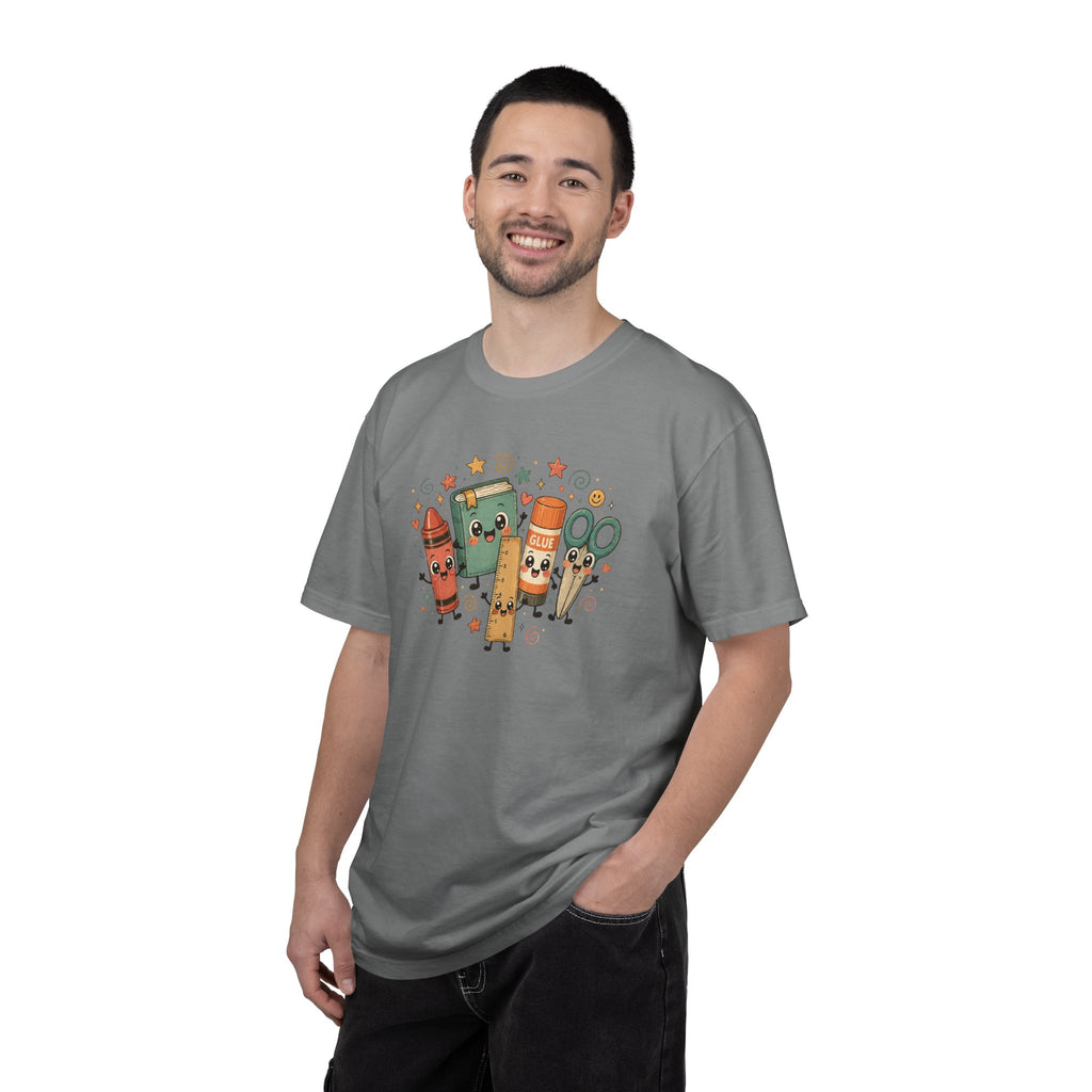 Cute Teacher Doodle Shirt | Kawaii School Supplies Tee | Happy Crayon Book Glue Scissors | Back to School Teacher Gift | Classroom Graphic Tee