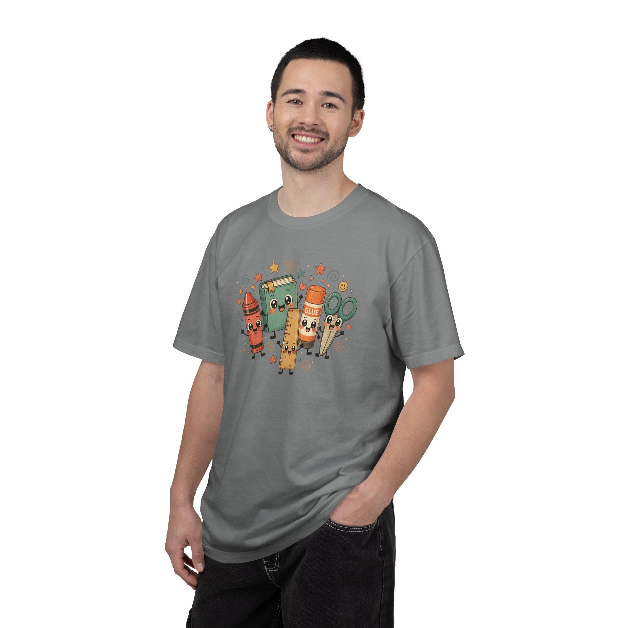 Cute Teacher Doodle Shirt | Kawaii School Supplies Tee | Happy Crayon Book Glue Scissors | Back to School Teacher Gift | Classroom Graphic Tee