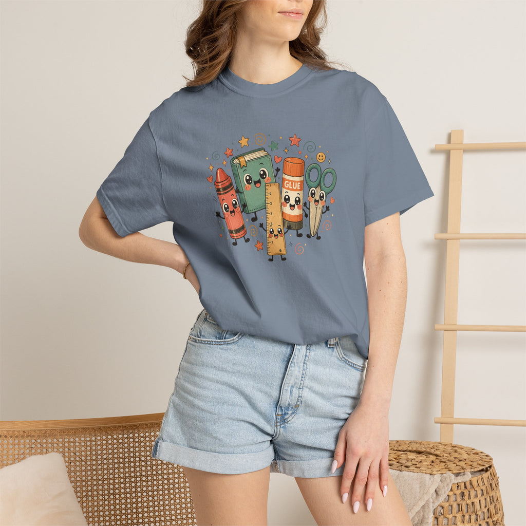 Cute Teacher Doodle Shirt | Kawaii School Supplies Tee | Happy Crayon Book Glue Scissors | Back to School Teacher Gift | Classroom Graphic Tee