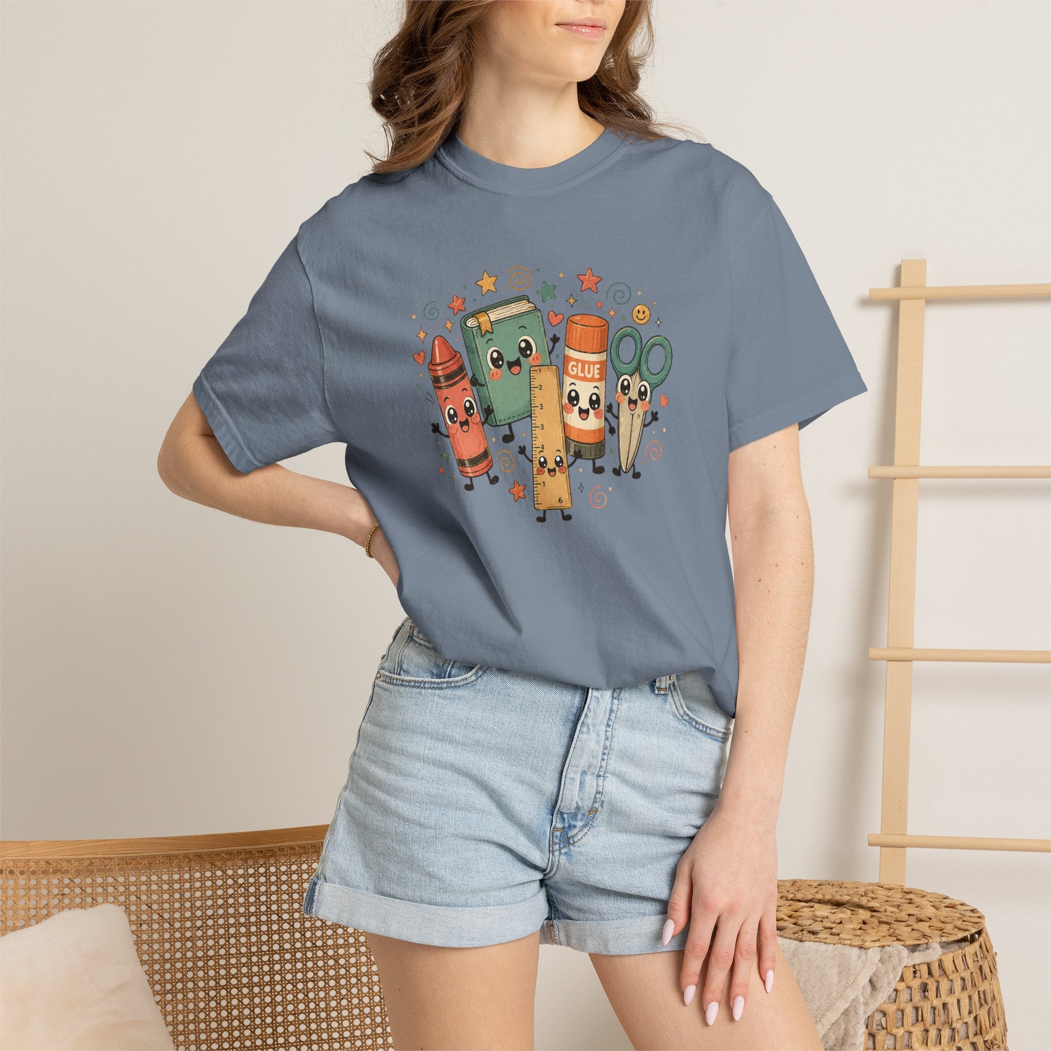 Cute Teacher Doodle Shirt | Kawaii School Supplies Tee | Happy Crayon Book Glue Scissors | Back to School Teacher Gift | Classroom Graphic Tee