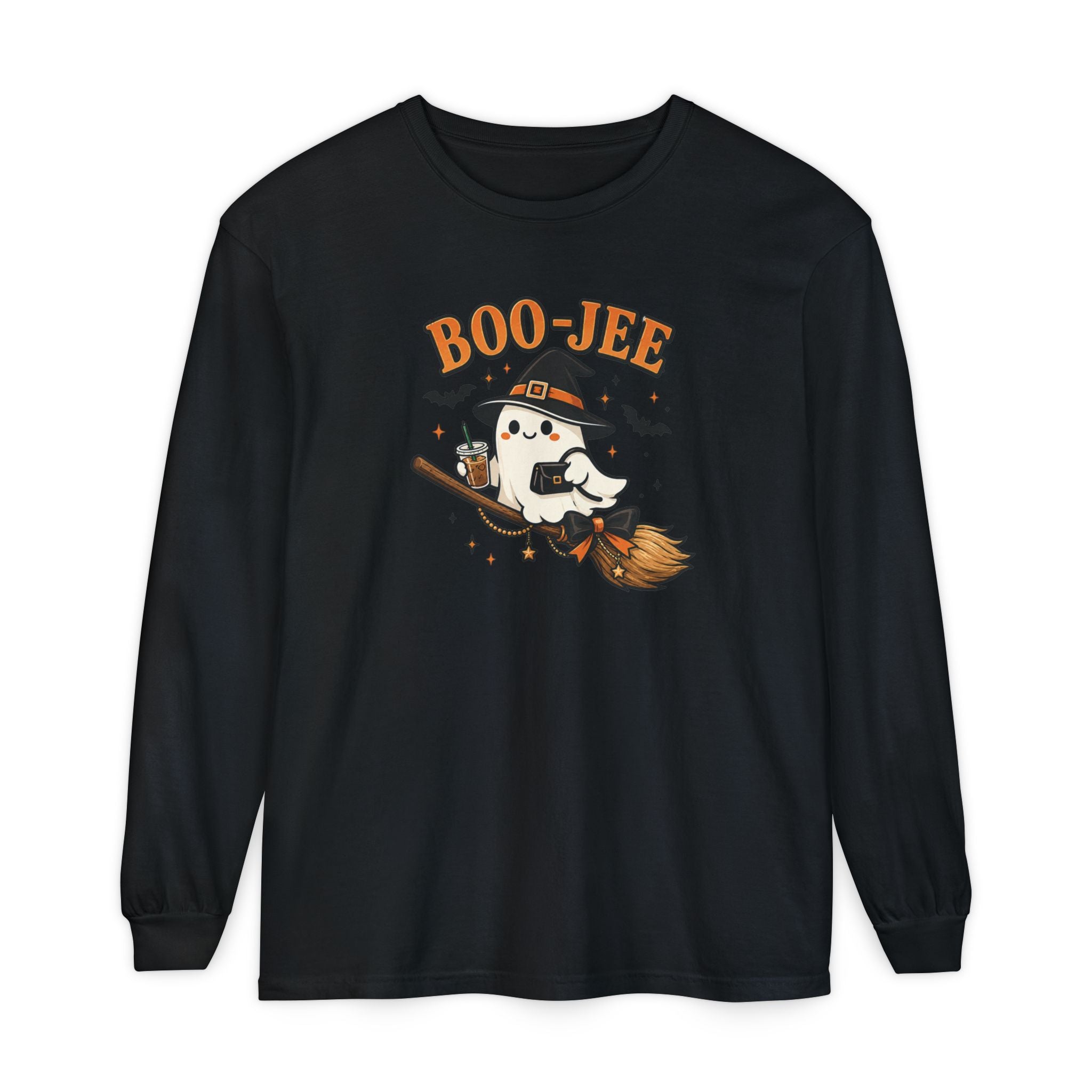 BOO-JEE Ghost Shirt | Cute Witch Ghost Riding Broom Coffee Halloween Graphic Tee | Spooky Season Comfort Colors T-Shirt