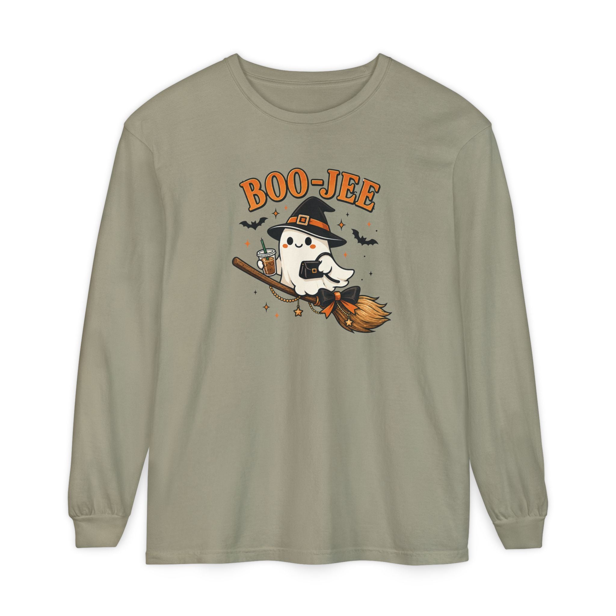 BOO-JEE Ghost Shirt | Cute Witch Ghost Riding Broom Coffee Halloween Graphic Tee | Spooky Season Comfort Colors T-Shirt