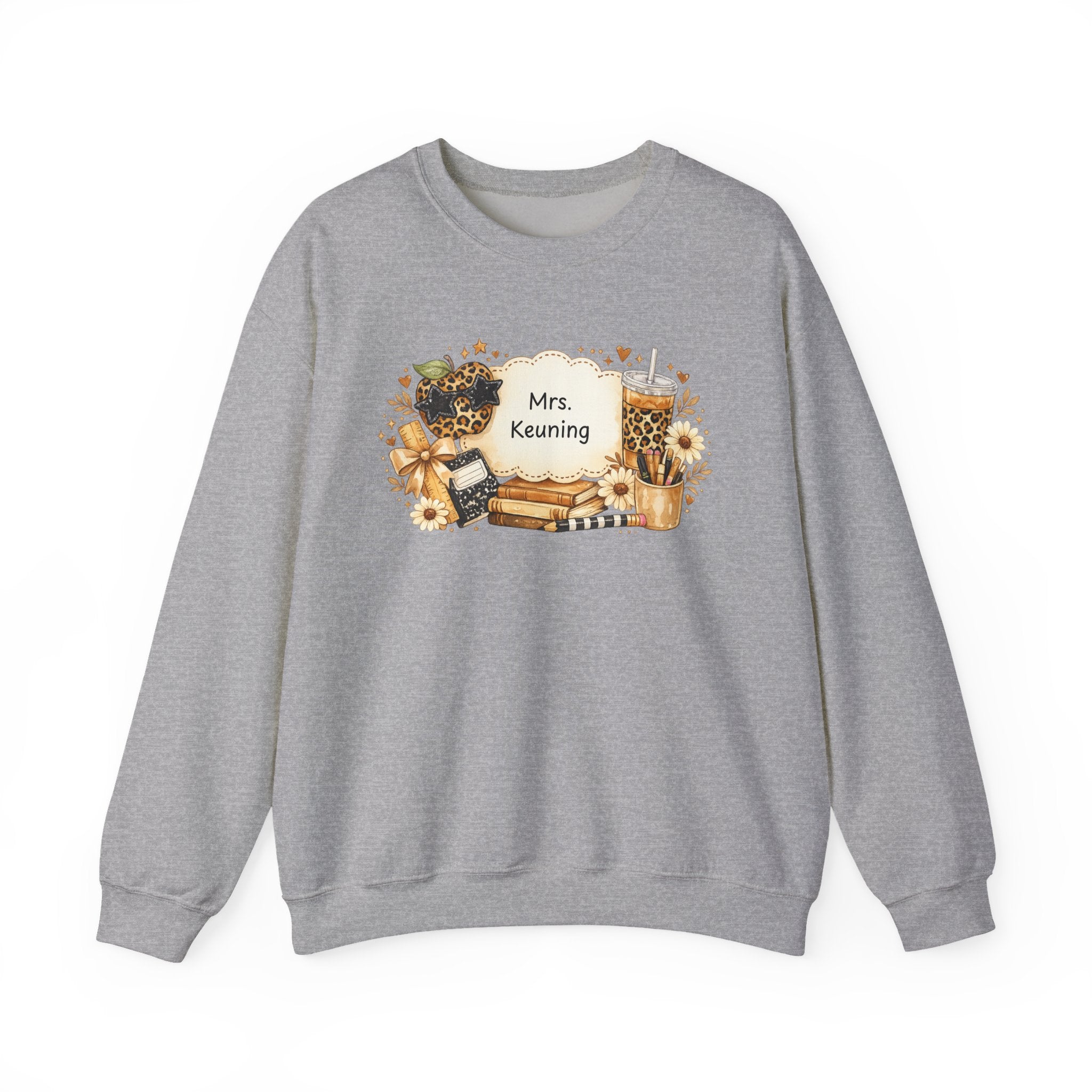 Personalized Teacher Sweatshirt | Custom Teacher Name Crewneck | Leopard Apple & Coffee Teacher Sweatshirt | Back to School Teacher Gift