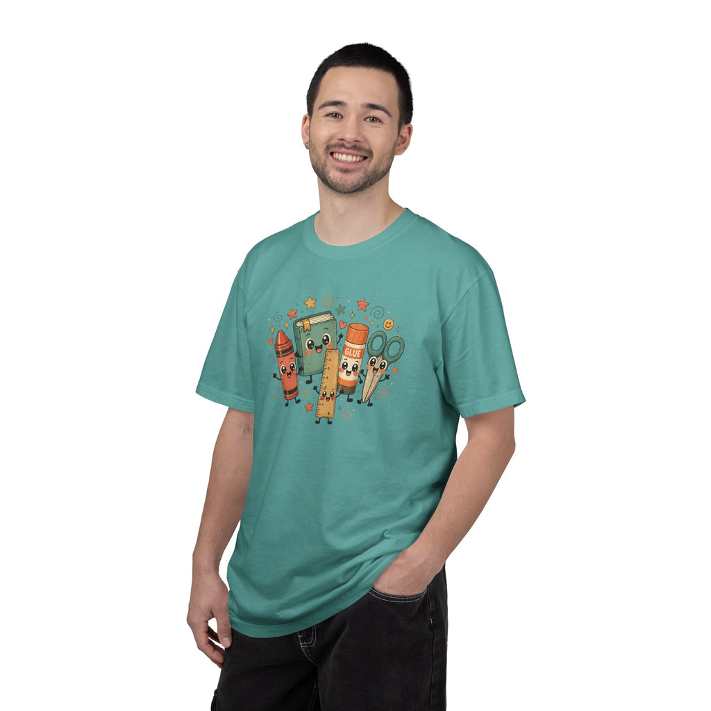 Cute Teacher Doodle Shirt | Kawaii School Supplies Tee | Happy Crayon Book Glue Scissors | Back to School Teacher Gift | Classroom Graphic Tee