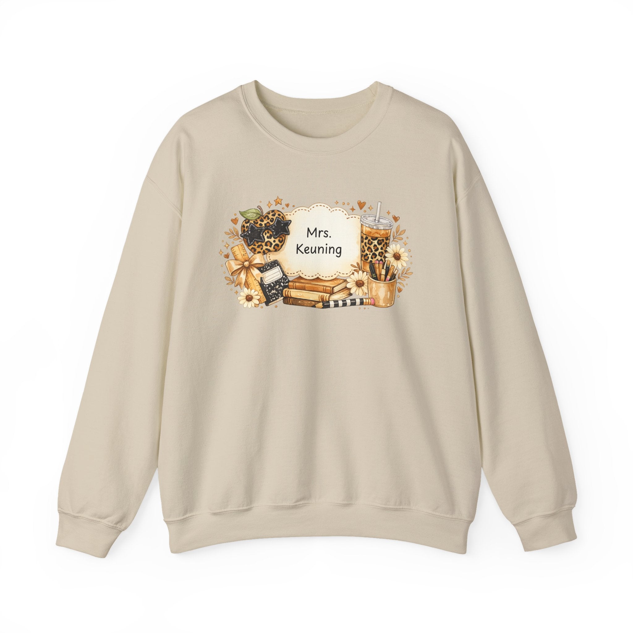 Personalized Teacher Sweatshirt | Custom Teacher Name Crewneck | Leopard Apple & Coffee Teacher Sweatshirt | Back to School Teacher Gift