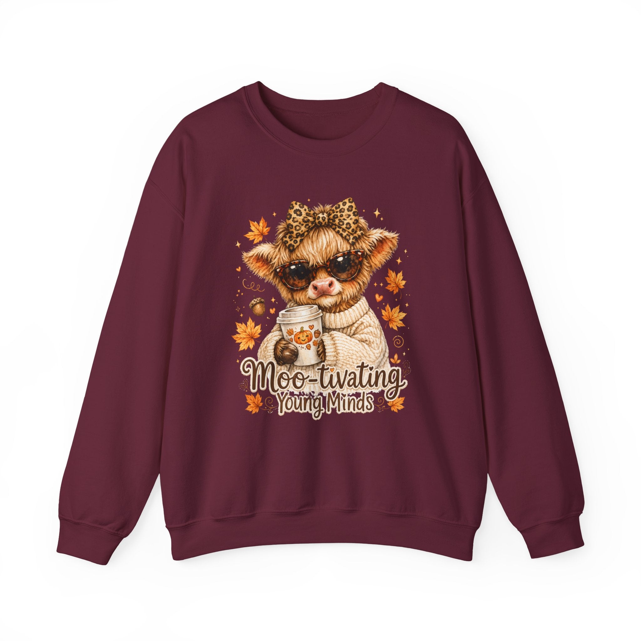 Moo-tivating Young Minds Sweatshirt | Cute Highland Cow Teacher Crewneck