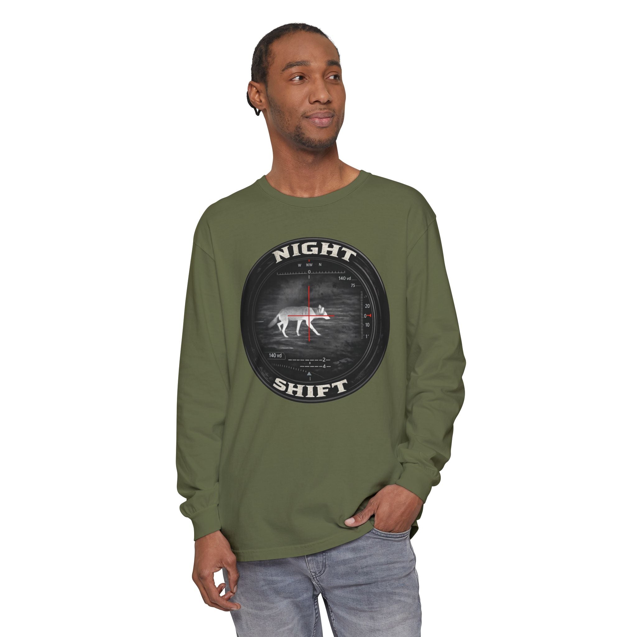 Night Shift Thermal Coyote Hunting Shirt | Predator Hunter Long Sleeve Tee | Night Vision Scope Graphic | Gift for Hunters | 3XL Available