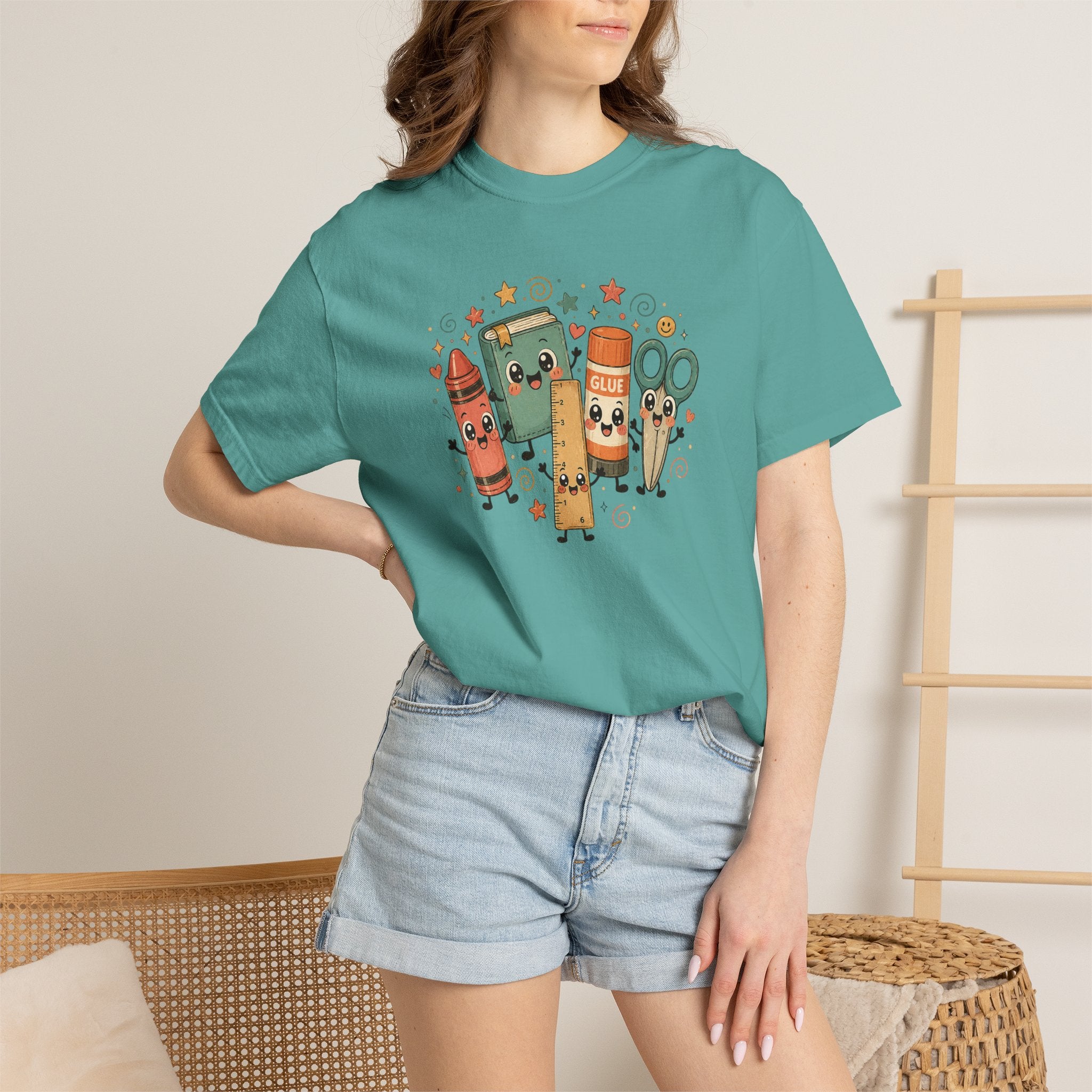Cute Teacher Doodle Shirt | Kawaii School Supplies Tee | Happy Crayon Book Glue Scissors | Back to School Teacher Gift | Classroom Graphic Tee