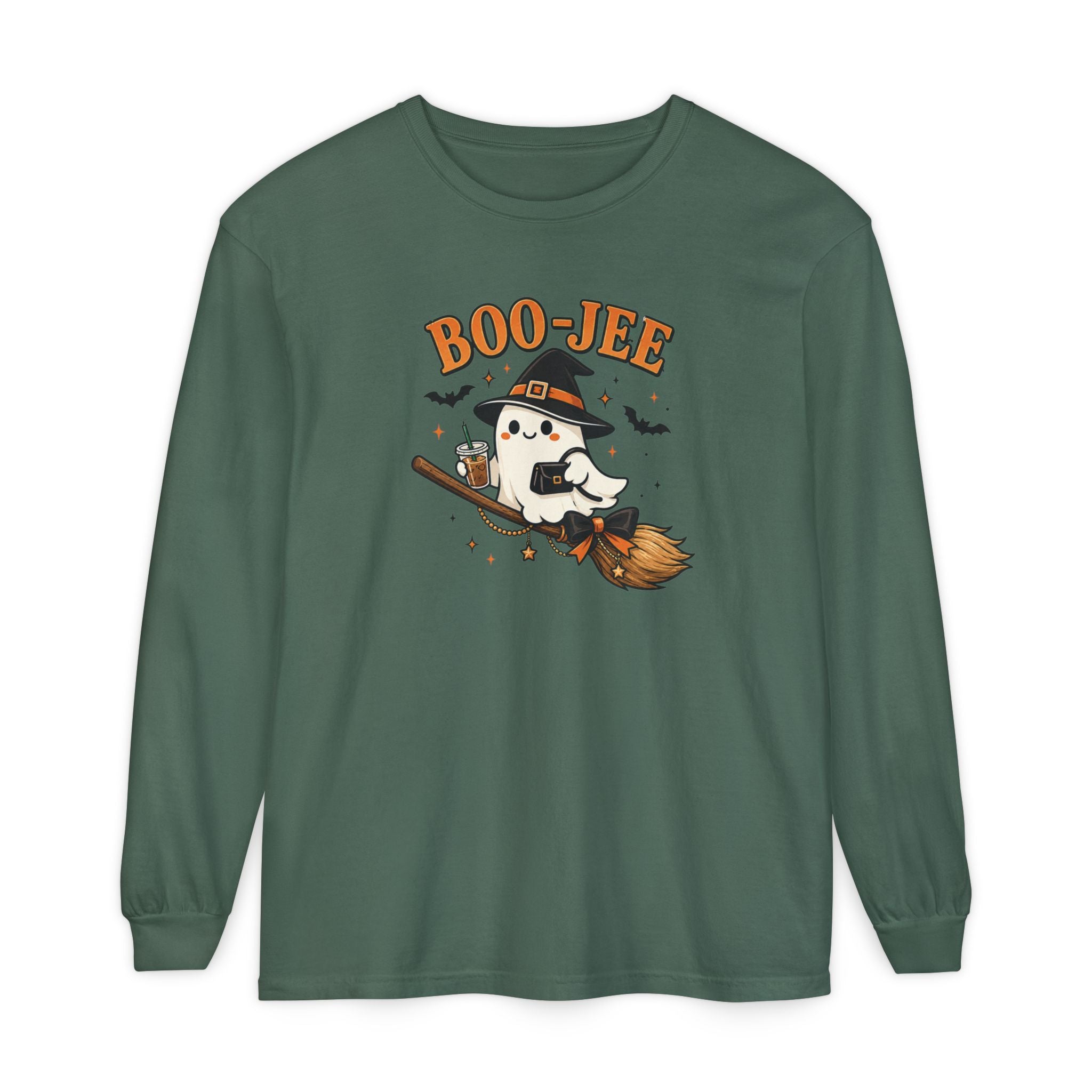 BOO-JEE Ghost Shirt | Cute Witch Ghost Riding Broom Coffee Halloween Graphic Tee | Spooky Season Comfort Colors T-Shirt