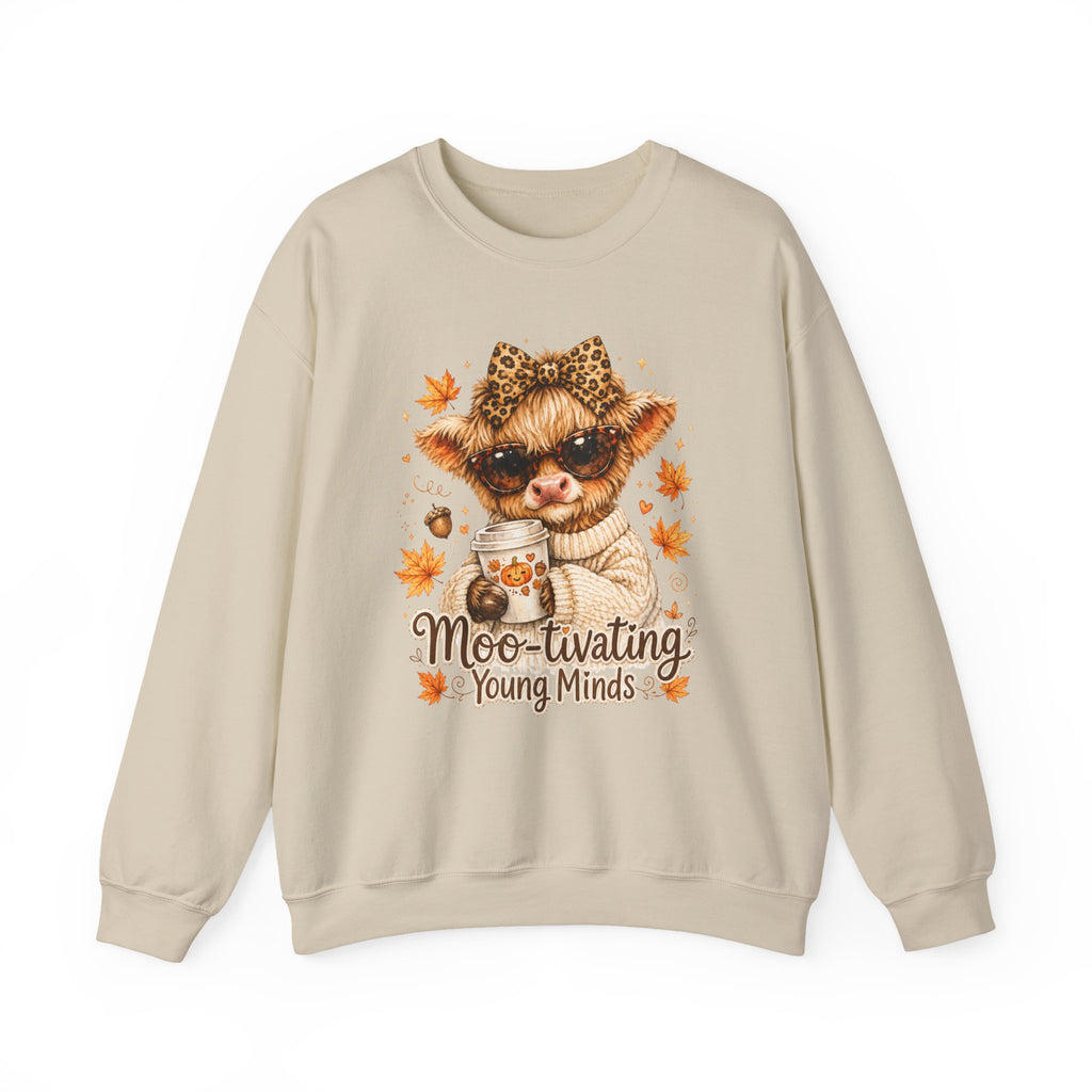 Moo-tivating Young Minds Sweatshirt | Cute Highland Cow Teacher Crewneck