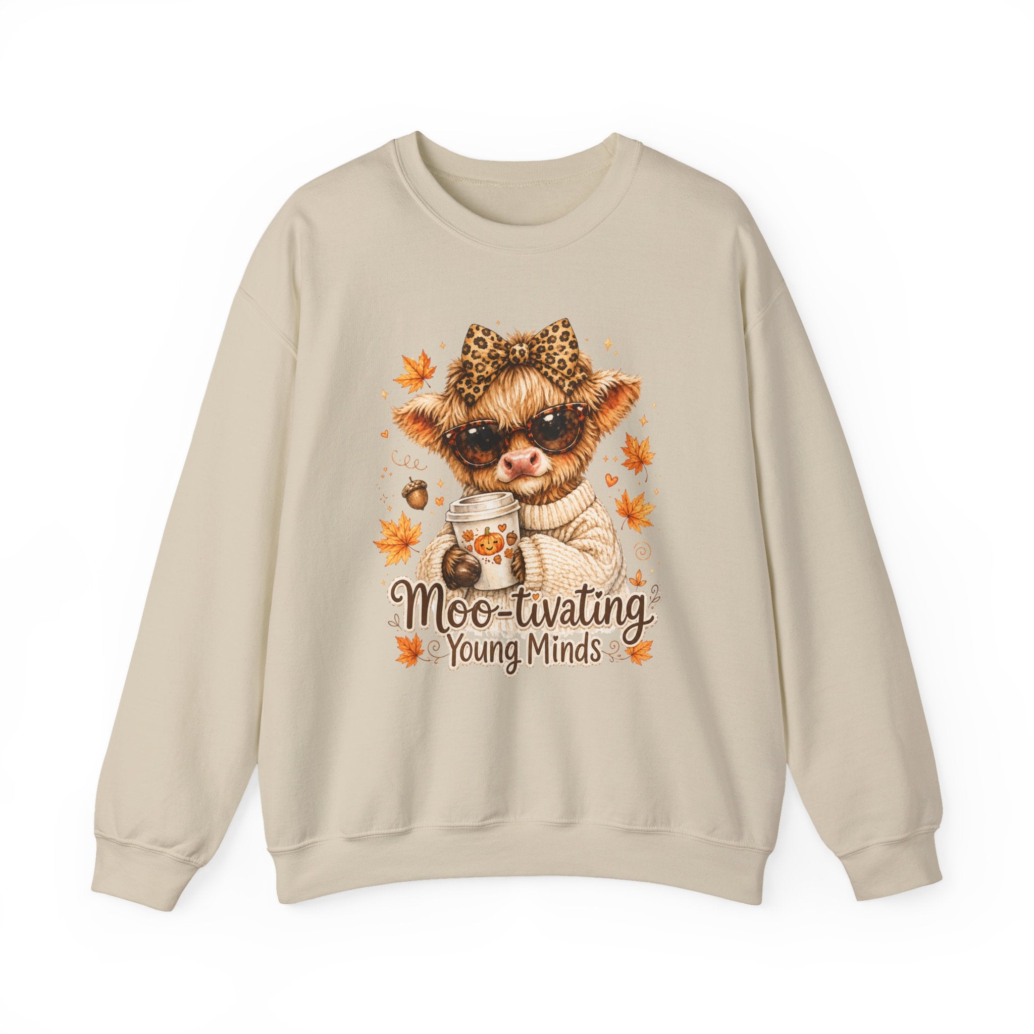 Moo-tivating Young Minds Sweatshirt | Cute Highland Cow Teacher Crewneck