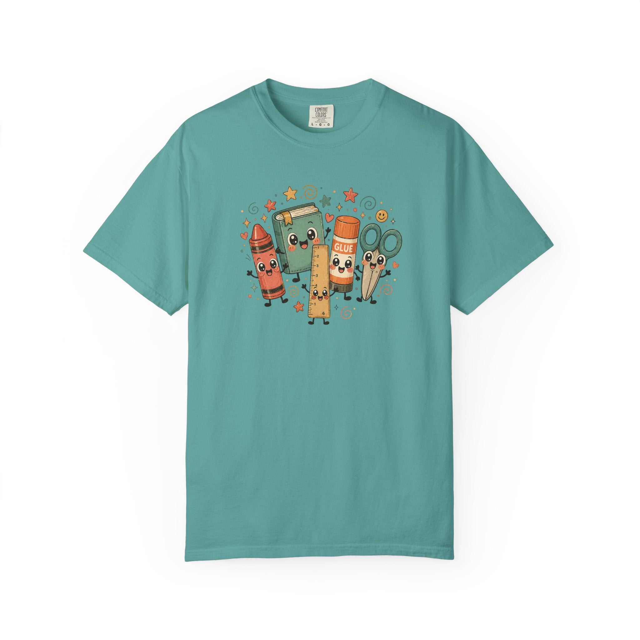 Cute Teacher Doodle Shirt | Kawaii School Supplies Tee | Happy Crayon Book Glue Scissors | Back to School Teacher Gift | Classroom Graphic Tee