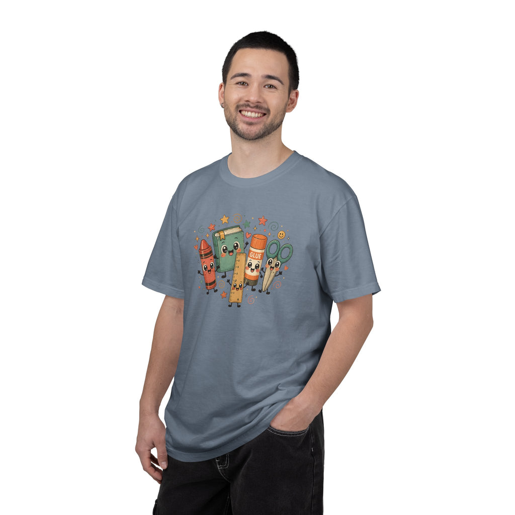 Cute Teacher Doodle Shirt | Kawaii School Supplies Tee | Happy Crayon Book Glue Scissors | Back to School Teacher Gift | Classroom Graphic Tee