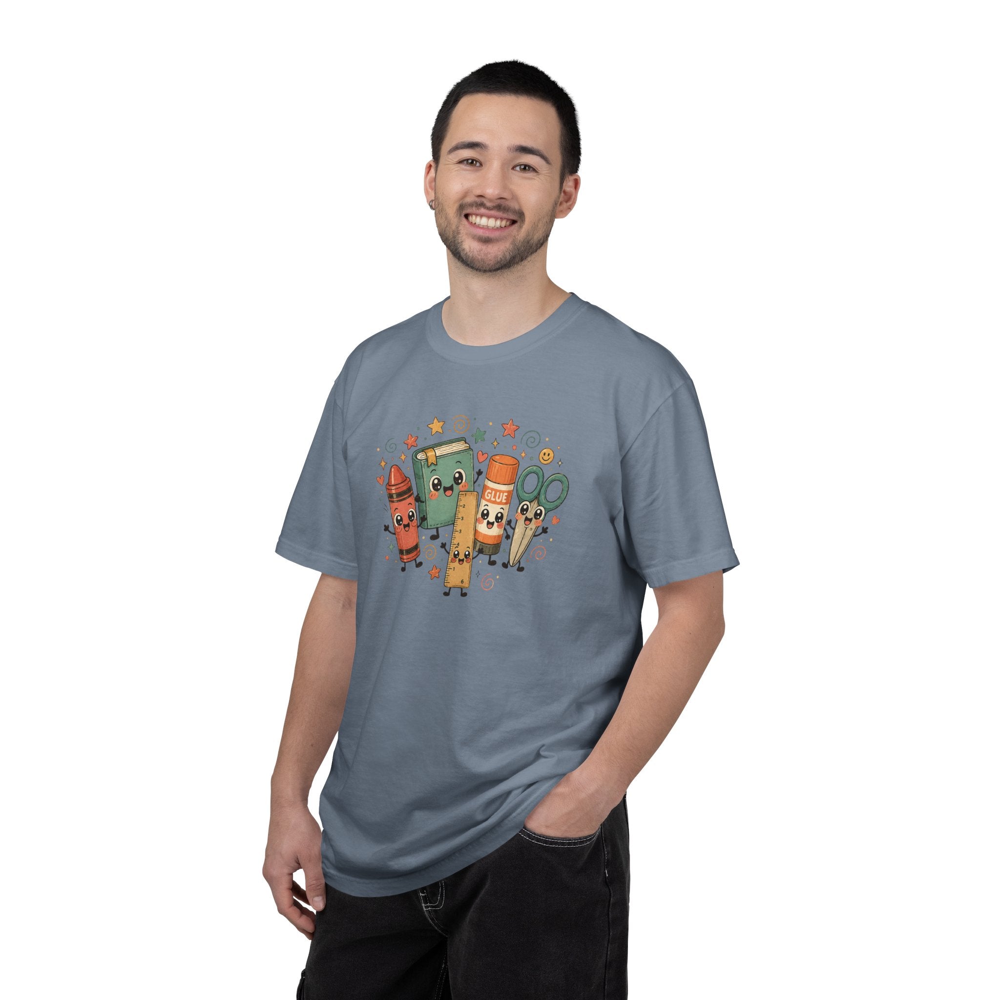 Cute Teacher Doodle Shirt | Kawaii School Supplies Tee | Happy Crayon Book Glue Scissors | Back to School Teacher Gift | Classroom Graphic Tee