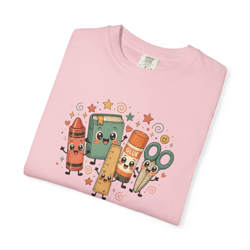 Cute Teacher Doodle Shirt | Kawaii School Supplies Tee | Happy Crayon Book Glue Scissors | Back to School Teacher Gift | Classroom Graphic Tee